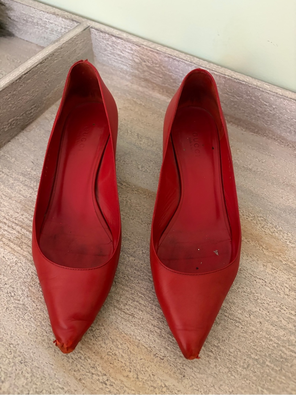 Gucci Red-Orange Leather Pointed-Toe Kitten Heel Flats - Picture 2 of 7